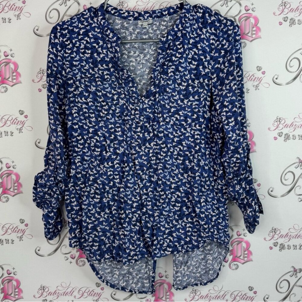 Kismet long sleeve butterfly 🦋 blouse flowy blue pink Navy and White Blouse